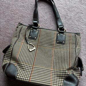 Vintage Chaps Beige & Brown Houndstooth Pattern Handbag Purse Shoulder Bag L